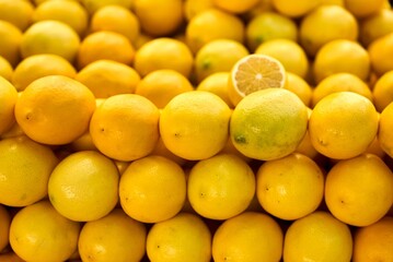 Lemons At Market. Colorful Display Of Lemons In A Market