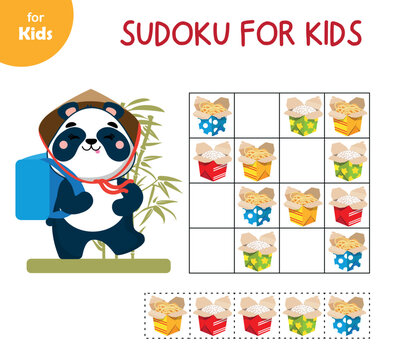 Mini game for children. Sudoku. Insert desired picture. Panda and food delivery