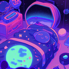Obraz premium Space Themed Bedroom, Cartoon, AI 