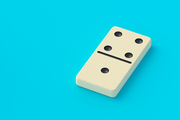 One domino tile on blue background. Board game. Entertainment for leisure. Space for text. 3d render