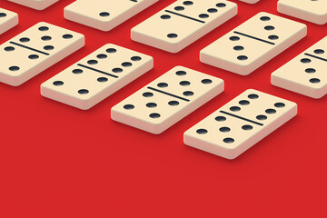 Domino tiles on red background. Board game. Space for text. 3d render
