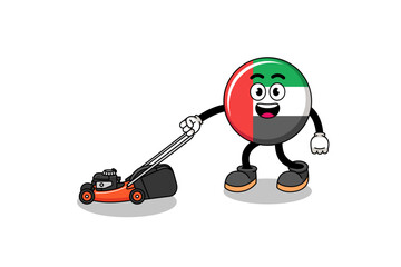UAE flag illustration cartoon holding lawn mower