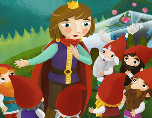 cartoon scene with girl princess prince and dwarfs illustration