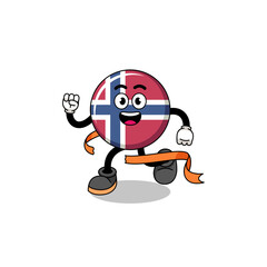 Mascot cartoon of norway flag running on finish line