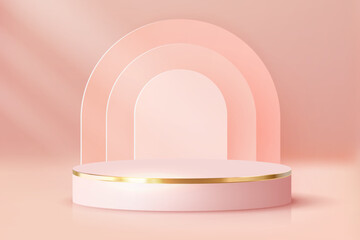 Luxury Pink Pastel Podium. Abstract scene background. Product presentation, mock up, show cosmetic product, Blank Podium, stage pedestal or platform. 3D Vector.