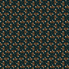 Floral fabric pattern with simple modest flat lay flower twigs isolated on a dark blue – black background