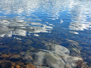 Reflections of clouds on water with smooth waves
