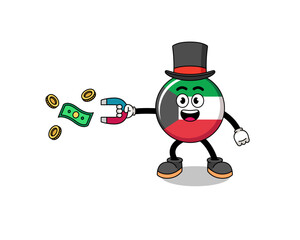 Character Illustration of kuwait flag catching money with a magnet