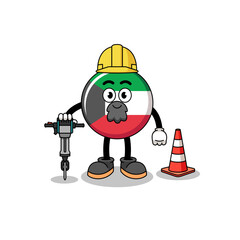 Character cartoon of kuwait flag working on road construction