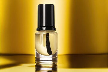  a bottle of perfume with a black top on a table with a gold background and a black cap on the top. Generative AI