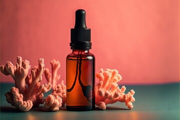  a bottle of liquid sitting next to corals on a table with a pink background and a pink wall. Generative AI