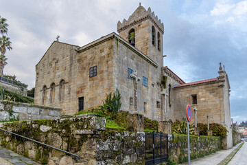 Fototapeta na wymiar Baiona, Spain - December 05, 2022: collegiate church santa maria de baiona, medieval building in the town of Baiona, Spain