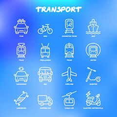 Transport doodle icons set. Metro, train, trolleybus, airplane, scooter, carsharing, bus, cable car, electric motorcycle, longboard. Vector illustration.