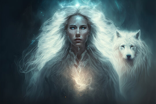 Fantasy woman with her wolf spirit guide - Created with generative AI technology