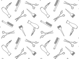 doodle pattern with hairdressing tools, beauty salon background, barbershop advertising banner on white background with black lines