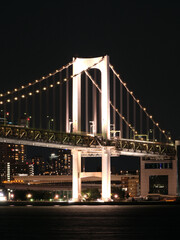 A beautiful suspension bridge at night in Tokyo, Dec 2022