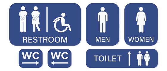 Set of restroom signs. Toilet signs. Men, women and cripple WC icon stickers.