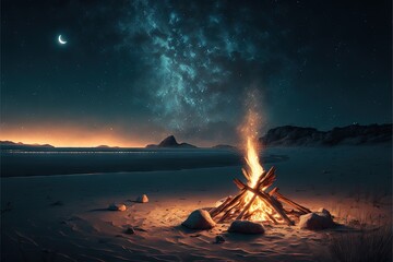  a campfire in the middle of a desert at night with a crescent in the sky above it and a distant mountain range in the distance. Generative AI - obrazy, fototapety, plakaty