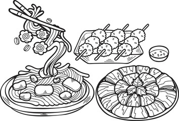 Hand Drawn Noodles and Meatballs Chinese and Japanese food illustration
