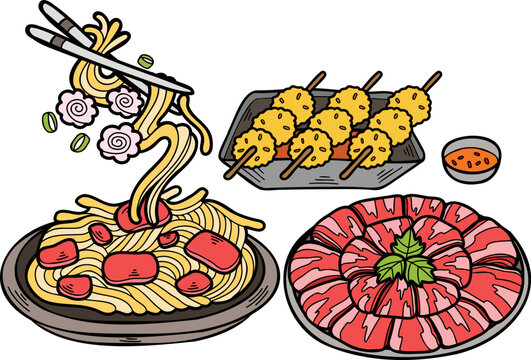 Hand Drawn Noodles and Meatballs Chinese and Japanese food illustration