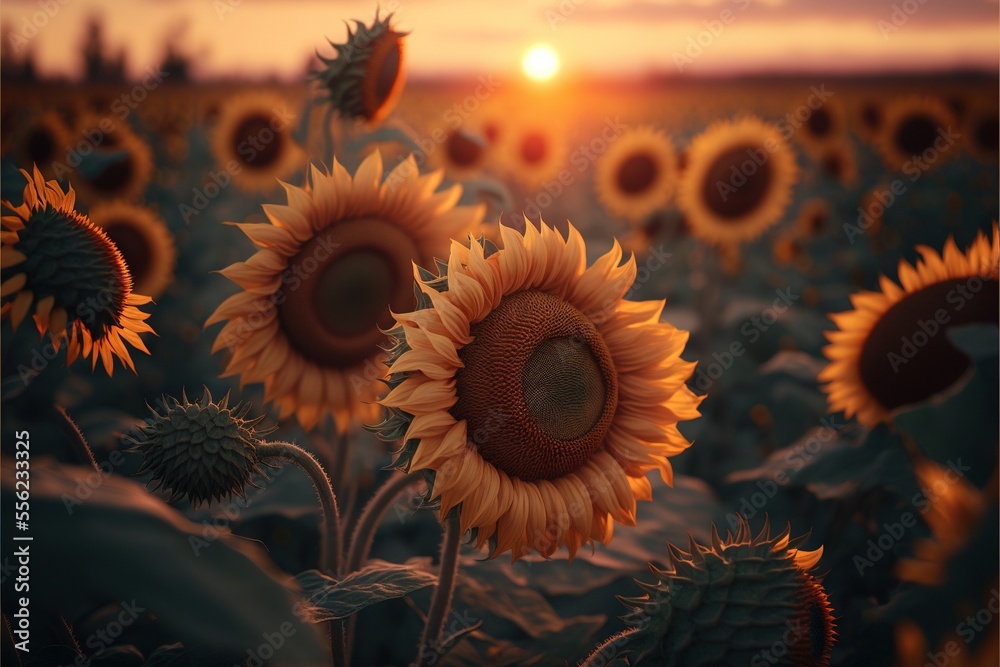 Wall mural a field of sunflowers with the sun setting in the background and a sky background with clouds and su