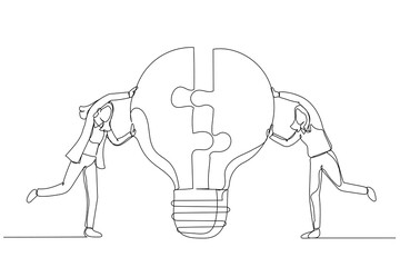 Illustration of businesswoman team members partner connect lightbulb jigsaw puzzle together. Teamwork or partnership. One line art style
