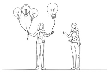 Cartoon of businesswoman giving lightbulb idea to young employee. Mentor give an advice. Single line art style