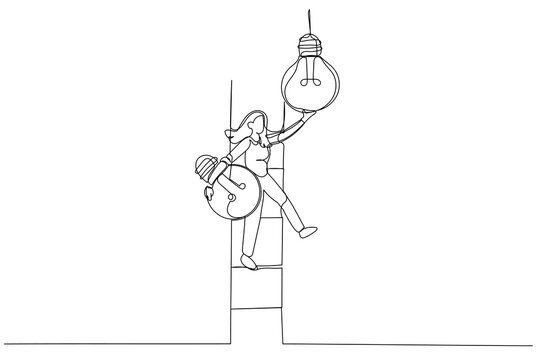 Drawing of businesswoman leader climb up ladder to change lightbulb idea. Change to new innovation. One line art style