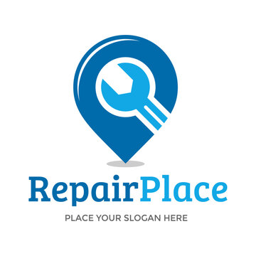 Repair place vector logo template. This design use pin and wrench symbol. Suitable for fix.