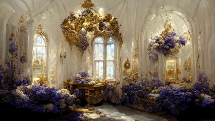 Fantasy scene of elegant luxurious golden and violet interior. Generative ai. 