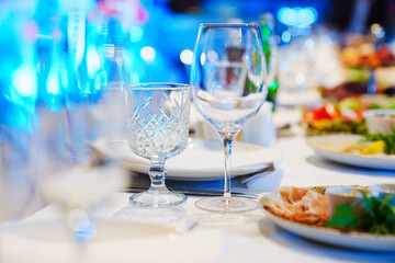 empty wine glasses on the table. tableware for the banquet. 