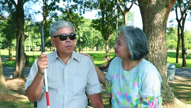Elderly wife cares for and encourages sick blind husband, touching his hands, showing love, concern and generosity while sitting in a chair under the shade of a tree in a park.