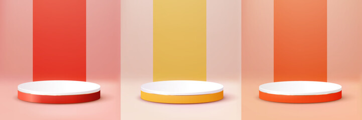 Yellow Orange Red Podium. Abstract scene background. Product presentation, mock up, show cosmetic product, Blank Podium, stage pedestal or platform. 3D Vector.