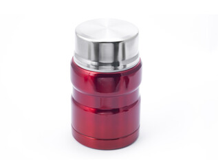 small red thermos with a lid on a white background