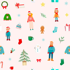 Winter Seamless pattern, Christmas family characters, Holiday backgrounds 