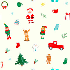 Vector seamless flat pattern with Christmas characters of Happy New Year. 
