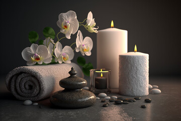 background of spa center, towel, candle, orchid and massage stones, front view