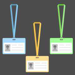 Name tag holder, lanyard badge set with icons. design template of id card, for name tag, committee, office, member, corporate, company, identity, staff, etc. multicolor plain lanyards, detachable neck