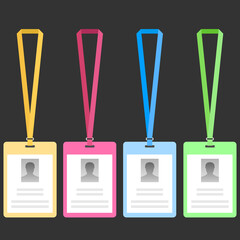 Name tag holder, lanyard badge set with icons. design template of id card, for name tag, committee, office, member, corporate, company, identity, staff, etc. multicolor plain lanyards, detachable neck