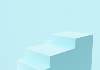 Abstract minimal background. Blue steps, stairs on blue background. Blank pedestal, empty podium. Architectural element, Isolated object, primitive shape. Product showcase, shop display.