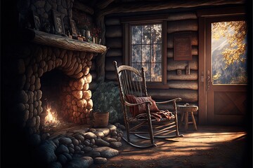  a rocking chair in a room with a fireplace and a window with a view of the mountains outside of the room. generative ai