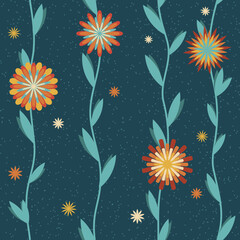 Abstract retro colored flowers seamless vector pattern