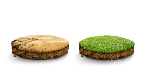 Collection, cubical soil ground cross section with earth land and green grass, Soil layers. realistic 3D rendering ground ecology, cutaway terrain floor with rock isolated on light background.