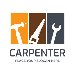 Carpenter vector logo template. This design use hammer, saw and wrench. Suitable for toolkit.