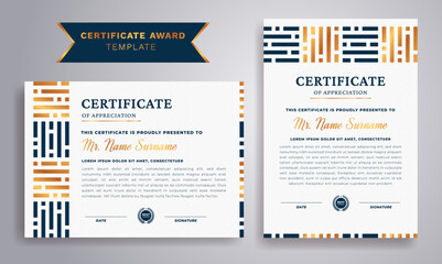 Certificate template. Diploma of modern design or gift certificate. Blue and gold certificate of achievement border template.