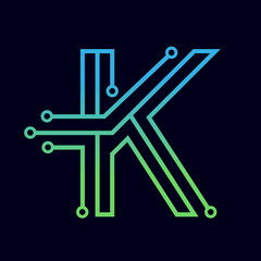 Letter K logo design template,Technology abstract dot connection cross vector logo icon circle logotype. Graphic is suitable for technology, digital, sharp, dot, electric. Gradient blue and green.