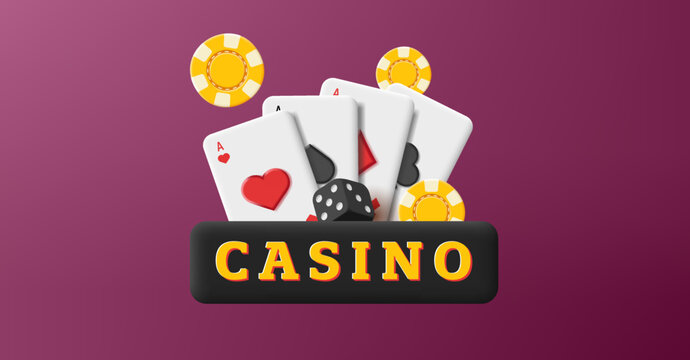 Casino banner 3d label with cards aces, chips and dice, render composition