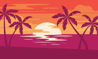 Sunset tropical beach with palm trees and sea. Nature landscape and seascape. 
