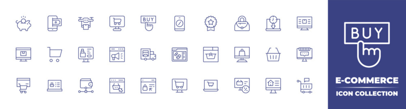 E-commerce Line Icon Collection. Editable Stroke. Vector Illustration. Containing Savings, Smartphone, Drone Delivery, Buy Online, Buy, Online Shopping, Online Shop, Limited Time, Delivery, And More.