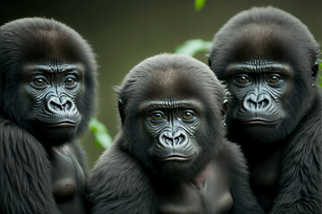 Obraz premium Group of three young gorillas. Herbivorous primates of Africa. Generative AI.